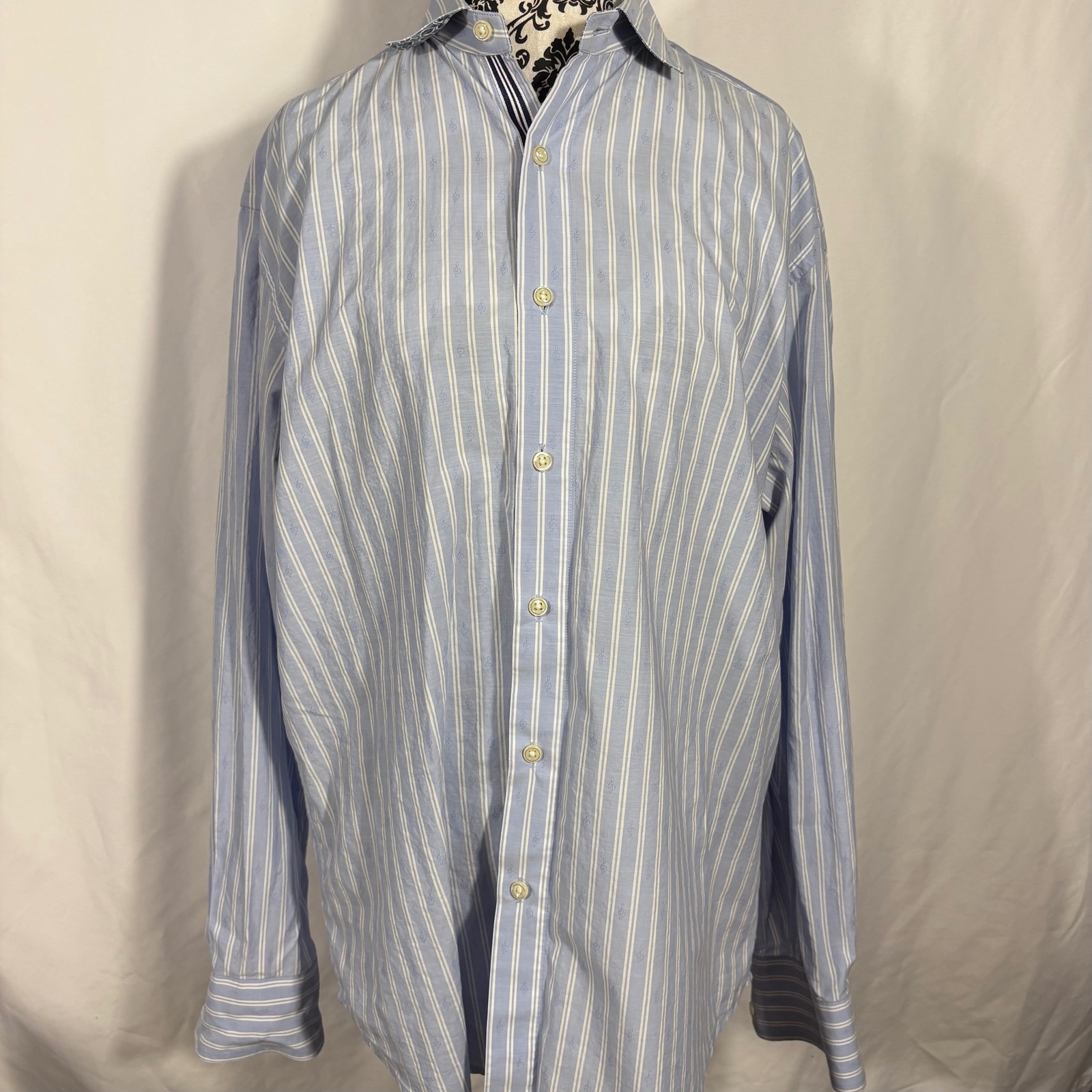 Robert Graham Blue Stripe Embroidered Music Note Dress Shirt Men's Xl